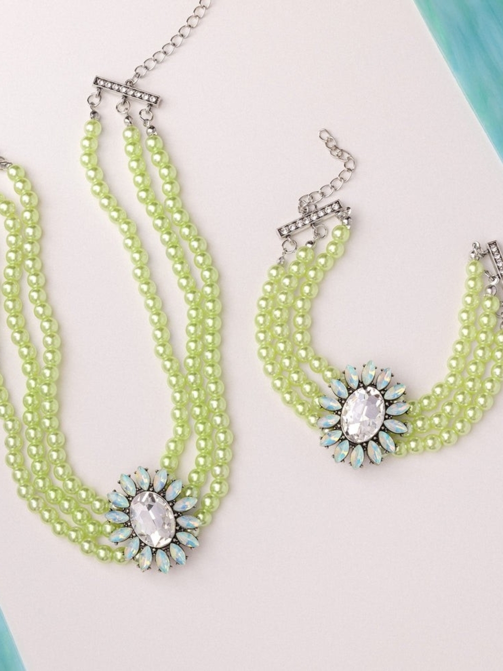 paparazzi Lime Green Multi-Strand Pearl Necklace with Crystal Floral Pendant